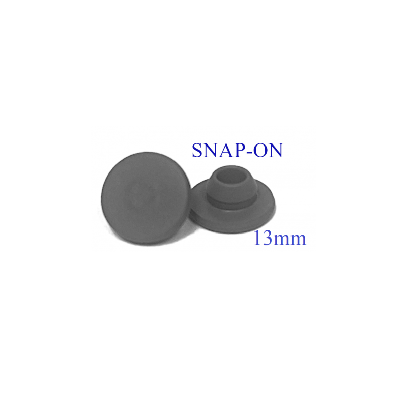 13mm SNAP ON style vial stoppers, chlorobutyl rubber, bag of 1,000 pieces